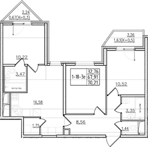 3-комнатная квартира 70.21 м², 18/19 эт., ЖК «Мурино Клаб»